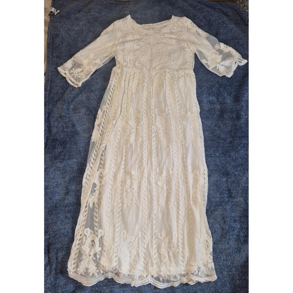Tea N Rose White Lace Maxi Dress Boho Bridal Heart Embroidery M/L IKD2340S
